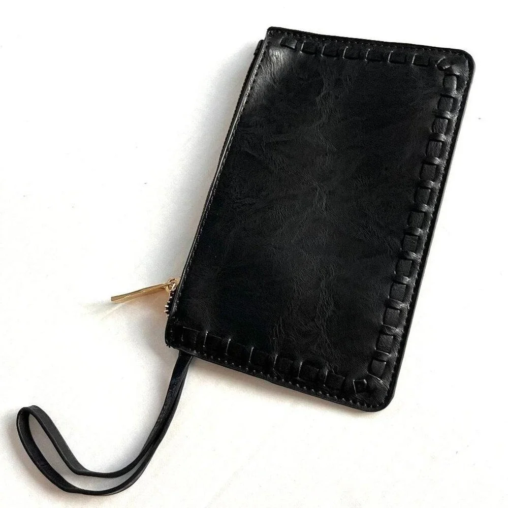 Small Black Onyx Golden Zipped Leather Card Wallet Wristlet Bag